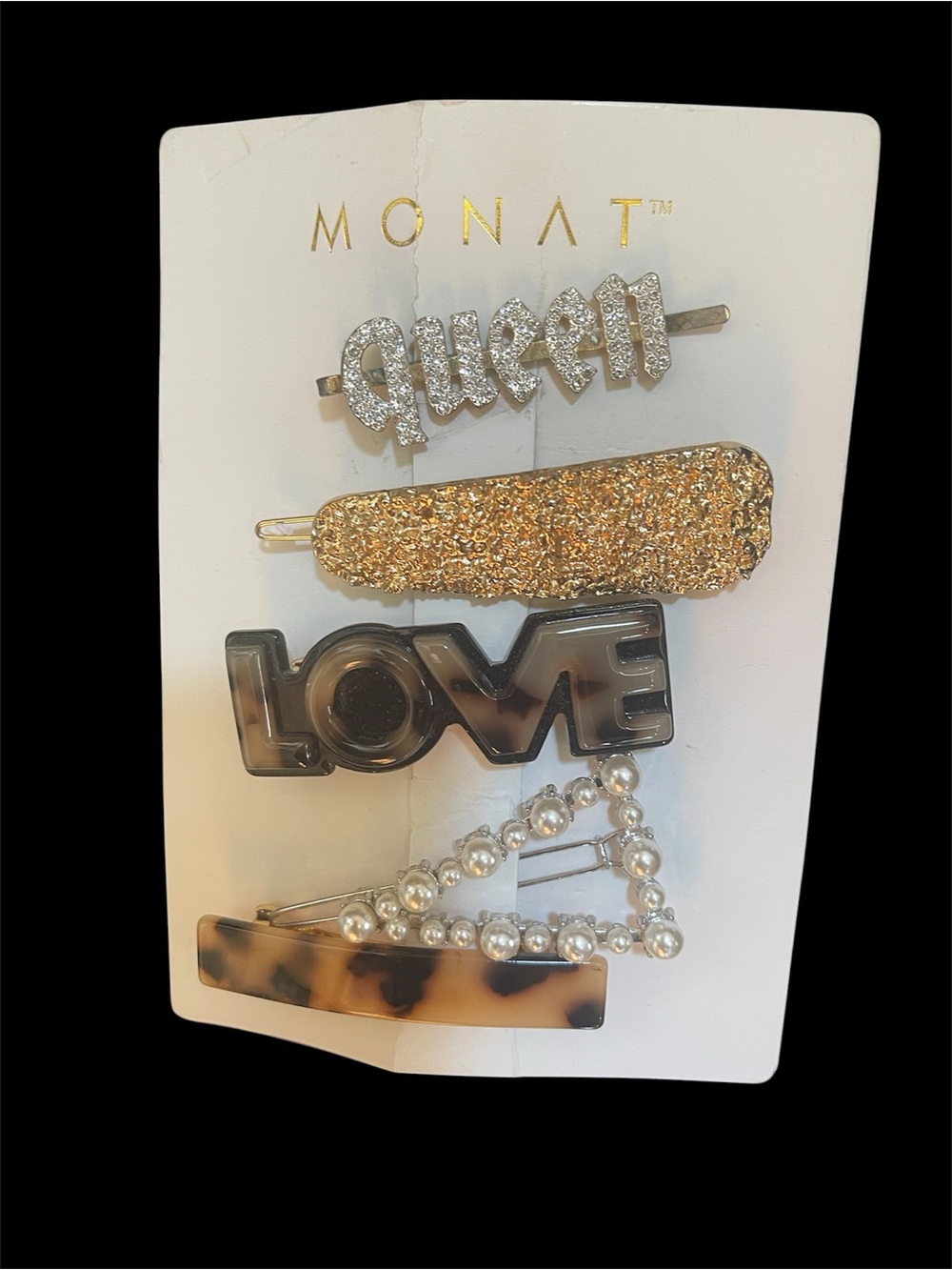 Monat Hair Barrettes Accessory NWT
5pc Queen Love Pearl Tortoise Cheeta Sparkle